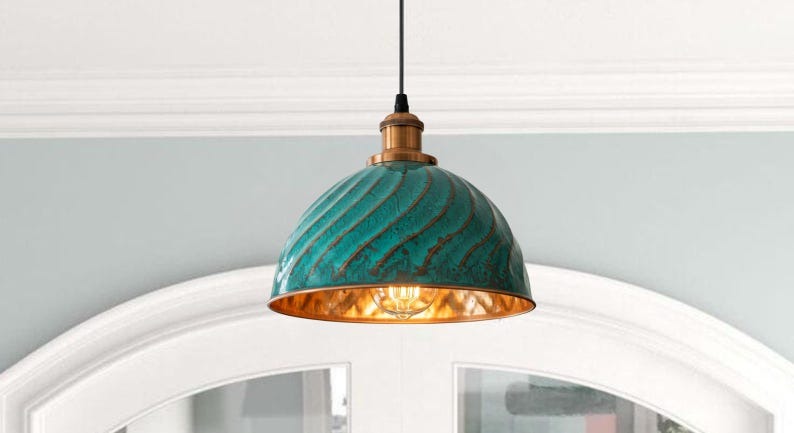 Handmade Green Patina Brass Pendant Light – Moroccan Ribbed Dome Hanging Lamp with Copper Brass Hardware for Kitchen Island, Dining Room & Boho Home Décor