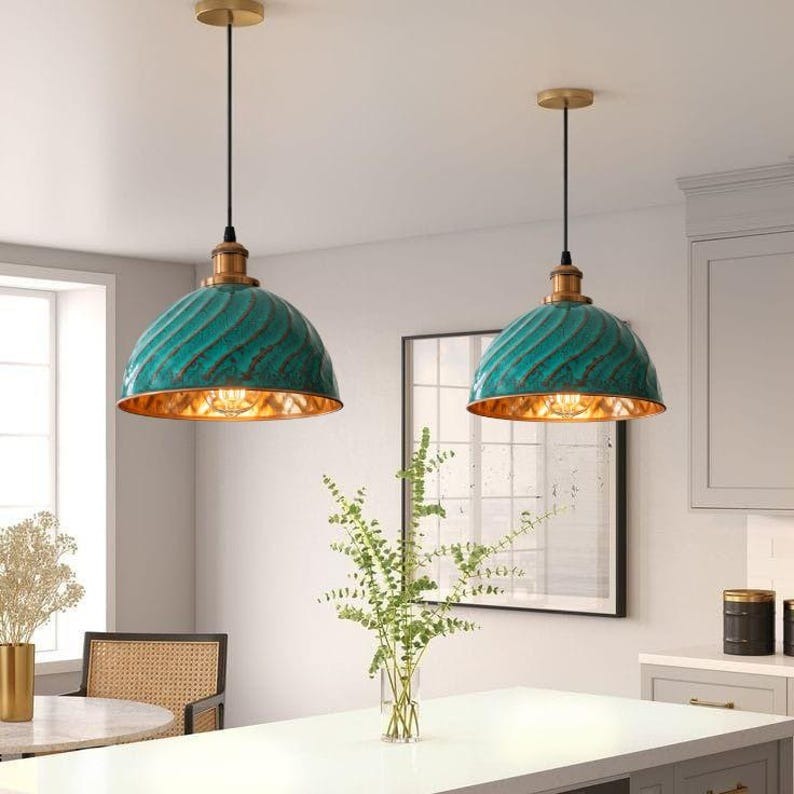 Handmade Green Patina Brass Pendant Light – Moroccan Ribbed Dome Hanging Lamp with Copper Brass Hardware for Kitchen Island, Dining Room & Boho Home Décor
