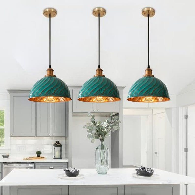 Handmade Green Patina Brass Pendant Light – Moroccan Ribbed Dome Hanging Lamp with Copper Brass Hardware for Kitchen Island, Dining Room & Boho Home Décor