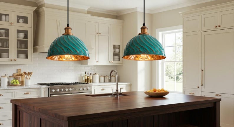 Handmade Green Patina Brass Pendant Light – Moroccan Ribbed Dome Hanging Lamp with Copper Brass Hardware for Kitchen Island, Dining Room & Boho Home Décor
