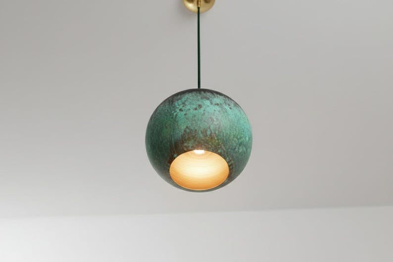 Handmade Moroccan Brass Globe Pendant Light – Turquoise Verdigris Patina Brass Hanging Lamp with Warm Gold Interior, Boho Mediterranean Orb Ceiling Light for Kitchen Island, Dining Room, Bedroom & Entryway