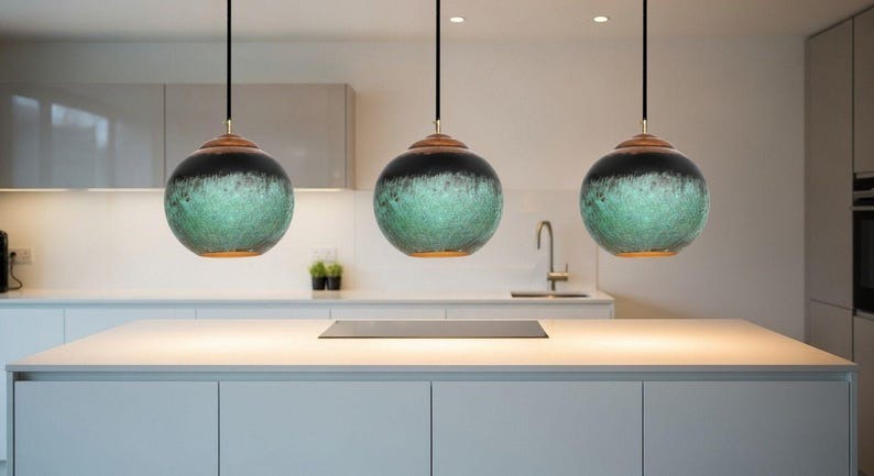 Handmade Moroccan Brass Globe Pendant Light – Turquoise Verdigris Patina Brass Hanging Lamp with Warm Gold Interior, Boho Mediterranean Orb Ceiling Light for Kitchen Island, Dining Room, Bedroom & Entryway