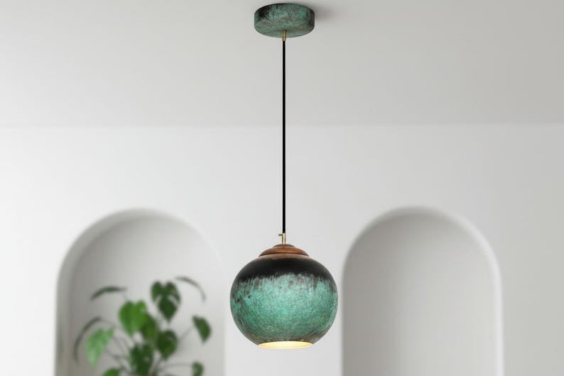 Handmade Moroccan Brass Globe Pendant Light – Turquoise Verdigris Patina Brass Hanging Lamp with Warm Gold Interior, Boho Mediterranean Orb Ceiling Light for Kitchen Island, Dining Room, Bedroom & Entryway