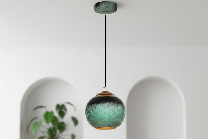 Handmade Moroccan Brass Globe Pendant Light – Turquoise Verdigris Patina Brass Hanging Lamp with Warm Gold Interior, Boho Mediterranean Orb Ceiling Light for Kitchen Island, Dining Room, Bedroom & Entryway