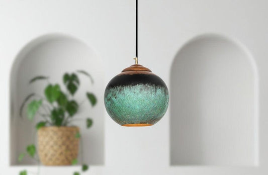 Handmade Moroccan Brass Globe Pendant Light – Turquoise Verdigris Patina Brass Hanging Lamp with Warm Gold Interior, Boho Mediterranean Orb Ceiling Light for Kitchen Island, Dining Room, Bedroom & Entryway