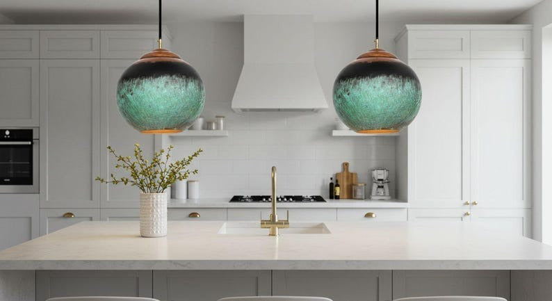Handmade Moroccan Brass Globe Pendant Light – Turquoise Verdigris Patina Brass Hanging Lamp with Warm Gold Interior, Boho Mediterranean Orb Ceiling Light for Kitchen Island, Dining Room, Bedroom & Entryway