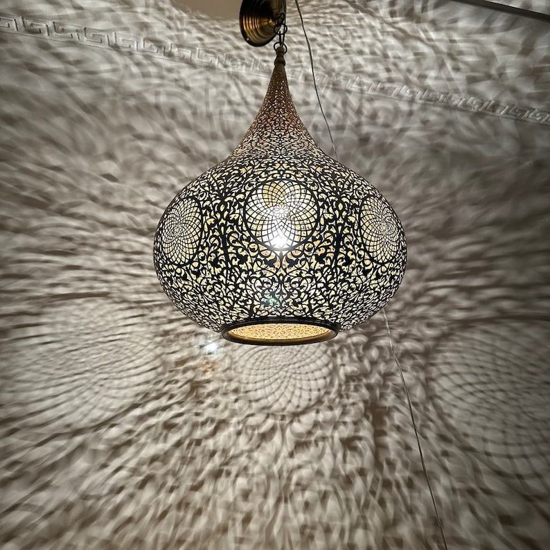 Moroccan Brass Pierced Onion Pendant Light, Handmade Moorish Floral Hanging Chandelier, Boho Arabic Shadow Lamp, Antique Gold Brass Filigree Ceiling Light Fixture