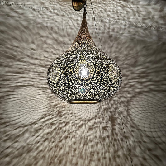Moroccan Brass Pierced Onion Pendant Light, Handmade Moorish Floral Hanging Chandelier, Boho Arabic Shadow Lamp, Antique Gold Brass Filigree Ceiling Light Fixture