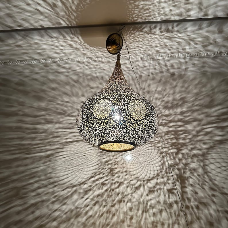 Moroccan Brass Pierced Onion Pendant Light, Handmade Moorish Floral Hanging Chandelier, Boho Arabic Shadow Lamp, Antique Gold Brass Filigree Ceiling Light Fixture