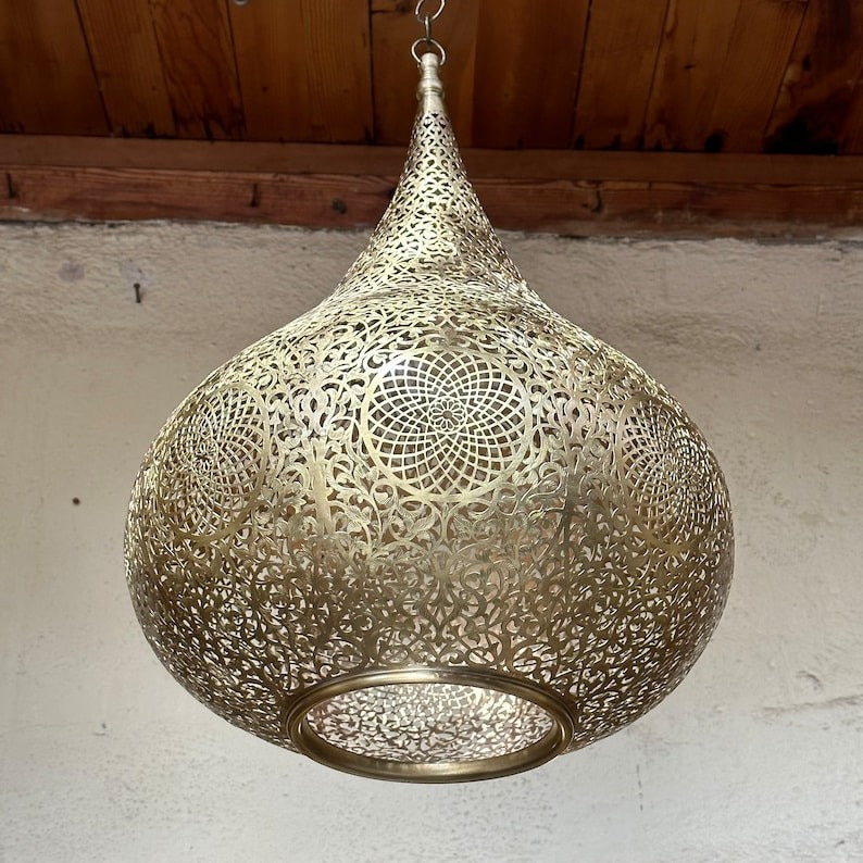 Moroccan Brass Pierced Onion Pendant Light, Handmade Moorish Floral Hanging Chandelier, Boho Arabic Shadow Lamp, Antique Gold Brass Filigree Ceiling Light Fixture