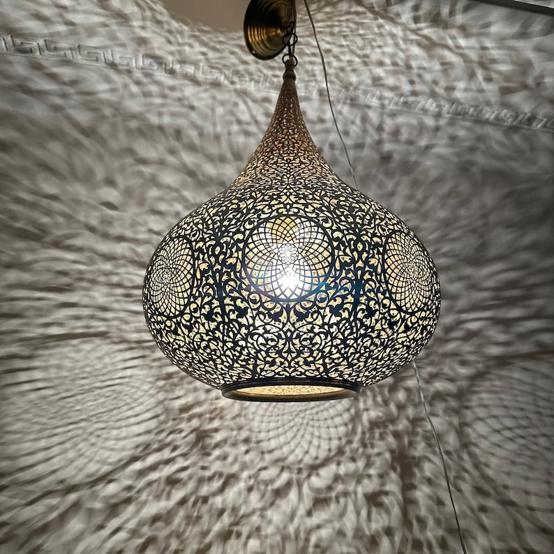 Moroccan Brass Pierced Onion Pendant Light, Handmade Moorish Floral Hanging Chandelier, Boho Arabic Shadow Lamp, Antique Gold Brass Filigree Ceiling Light Fixture