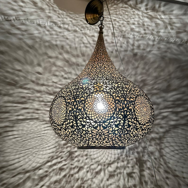 Moroccan Brass Pierced Onion Pendant Light, Handmade Moorish Floral Hanging Chandelier, Boho Arabic Shadow Lamp, Antique Gold Brass Filigree Ceiling Light Fixture