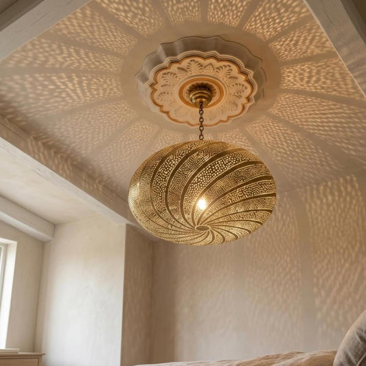 Moroccan Pierced Brass Spiral Globe Pendant Light, Handmade Moorish Swirl Pattern Hanging Lamp, Boho Arabic Shadow Chandelier, Gold Filigree Ceiling Light Fixture