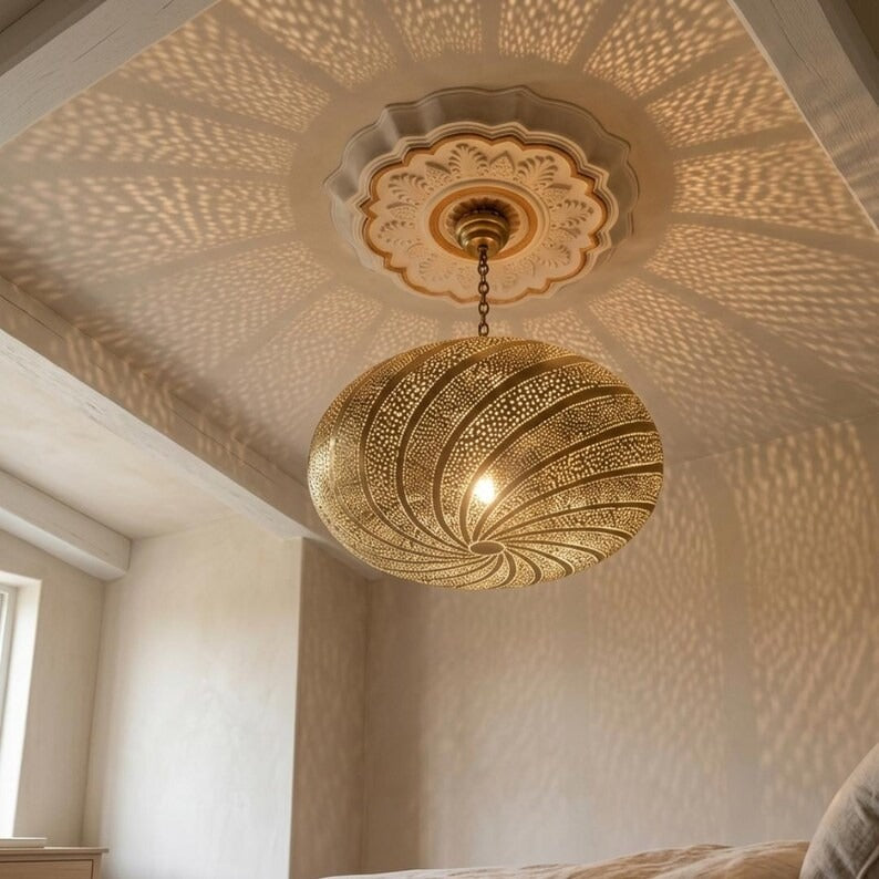 Moroccan Pierced Brass Spiral Globe Pendant Light, Handmade Moorish Swirl Pattern Hanging Lamp, Boho Arabic Shadow Chandelier, Gold Filigree Ceiling Light Fixture