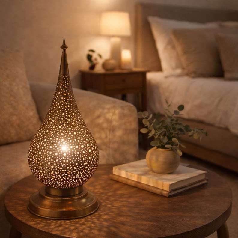 Moroccan Pierced Teardrop Table Lamp, Handmade Brass Shadow Lamp, Boho Arabic Bedside Nightstand Light, Gold Filigree Decorative Accent Lamp