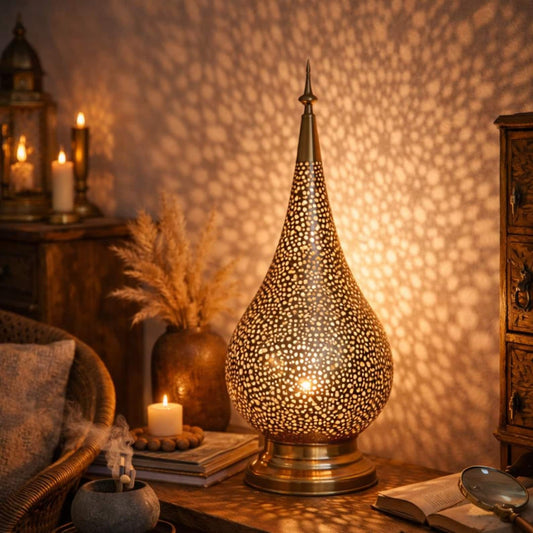 Moroccan Pierced Teardrop Table Lamp, Handmade Brass Shadow Lamp, Boho Arabic Bedside Nightstand Light, Gold Filigree Decorative Accent Lamp