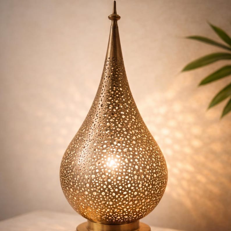 Moroccan Pierced Teardrop Table Lamp, Handmade Brass Shadow Lamp, Boho Arabic Bedside Nightstand Light, Gold Filigree Decorative Accent Lamp