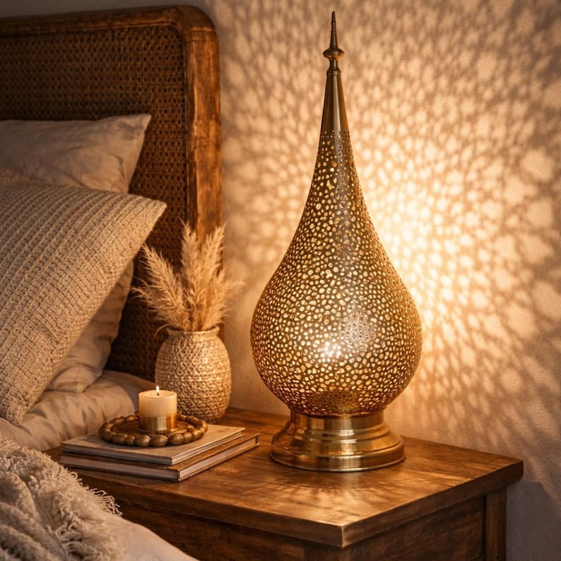Moroccan Pierced Teardrop Table Lamp, Handmade Brass Shadow Lamp, Boho Arabic Bedside Nightstand Light, Gold Filigree Decorative Accent Lamp