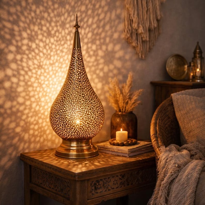 Moroccan Pierced Teardrop Table Lamp, Handmade Brass Shadow Lamp, Boho Arabic Bedside Nightstand Light, Gold Filigree Decorative Accent Lamp