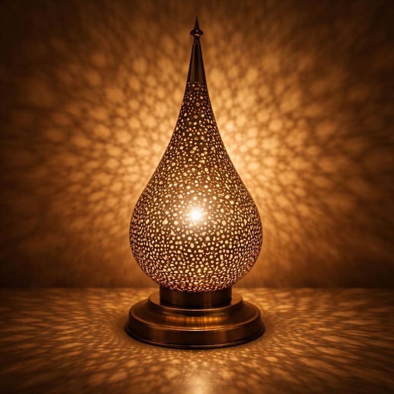 Moroccan Pierced Teardrop Table Lamp, Handmade Brass Shadow Lamp, Boho Arabic Bedside Nightstand Light, Gold Filigree Decorative Accent Lamp