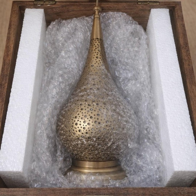 Moroccan Pierced Teardrop Table Lamp, Handmade Brass Shadow Lamp, Boho Arabic Bedside Nightstand Light, Gold Filigree Decorative Accent Lamp