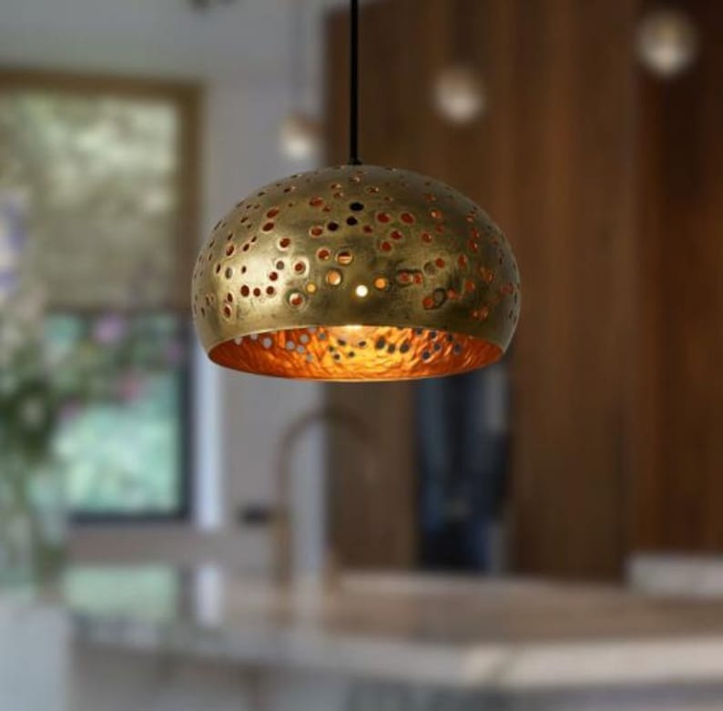 Pierced Brass Dome Pendant Light – Gold Moroccan Kitchen Island Chandelier with Warm Copper Interior