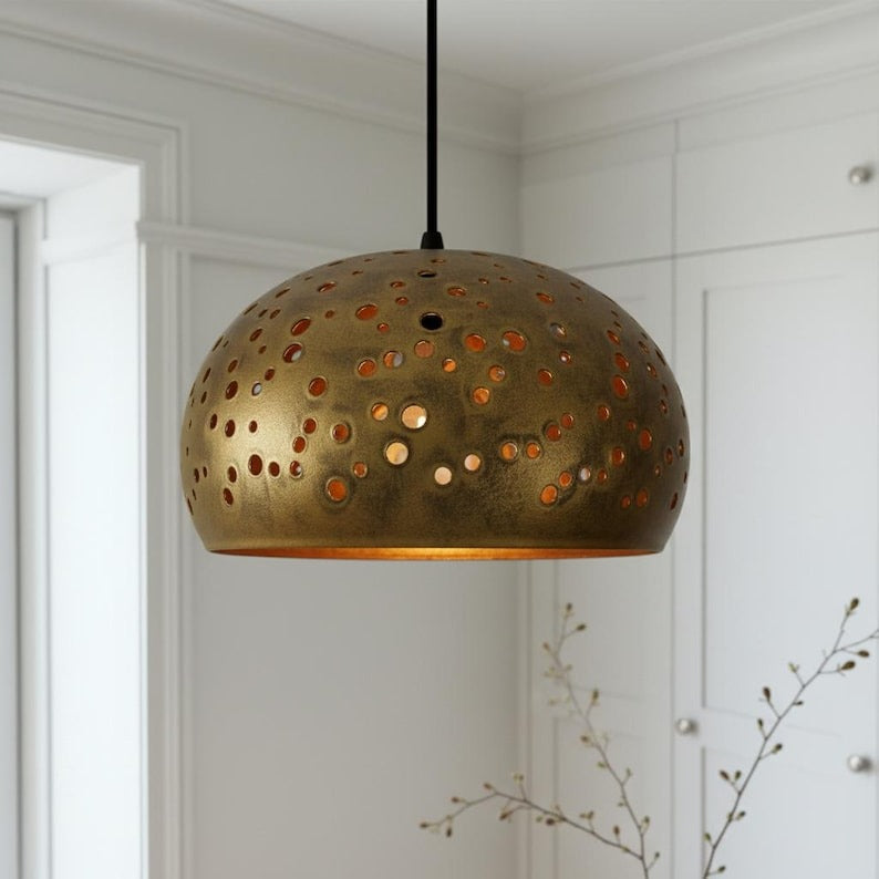 Pierced Brass Dome Pendant Light – Gold Moroccan Kitchen Island Chandelier with Warm Copper Interior