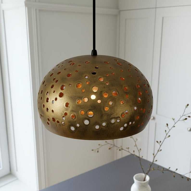 Pierced Brass Dome Pendant Light – Gold Moroccan Kitchen Island Chandelier with Warm Copper Interior
