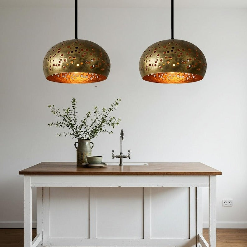 Pierced Brass Dome Pendant Light – Gold Moroccan Kitchen Island Chandelier with Warm Copper Interior