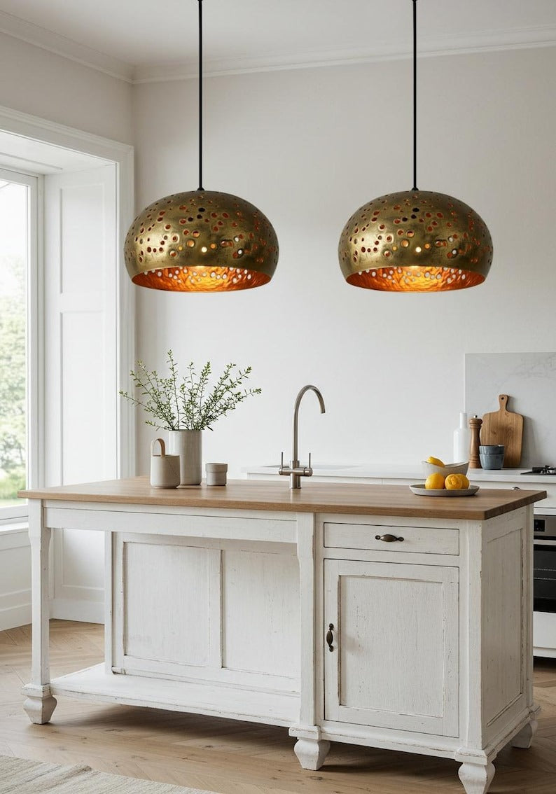 Pierced Brass Dome Pendant Light – Gold Moroccan Kitchen Island Chandelier with Warm Copper Interior