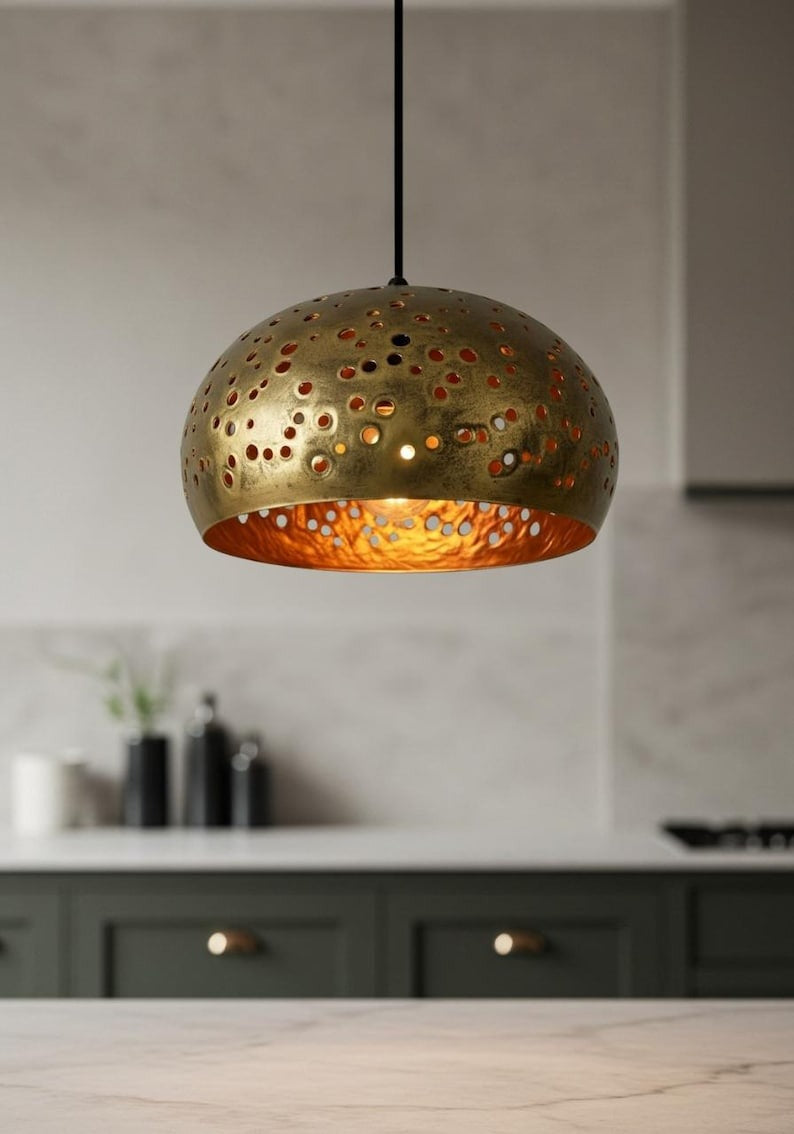 Pierced Brass Dome Pendant Light – Gold Moroccan Kitchen Island Chandelier with Warm Copper Interior
