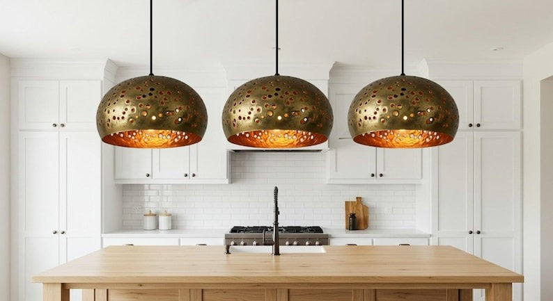 Pierced Brass Dome Pendant Light – Gold Moroccan Kitchen Island Chandelier with Warm Copper Interior