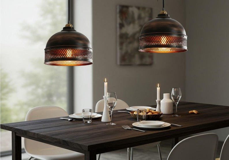 Dark Antique Copper Pierced Pendant Light, Handmade Moroccan Perforated Dome Chandelier, Rustic Bronze Copper Kitchen Island Hanging Lamp, Boho Farmhouse Ceiling Light Fixture