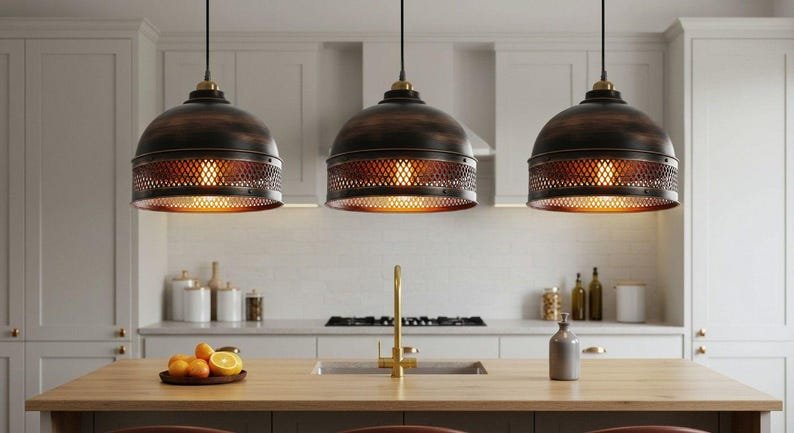 Dark Antique Copper Pierced Pendant Light, Handmade Moroccan Perforated Dome Chandelier, Rustic Bronze Copper Kitchen Island Hanging Lamp, Boho Farmhouse Ceiling Light Fixture