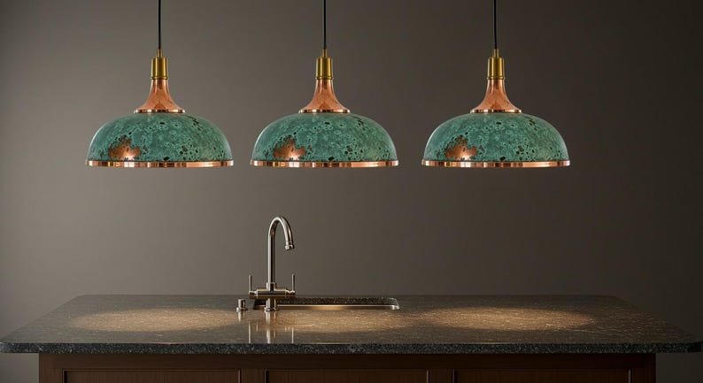 Green Patina Copper Pendant Light, Handmade Moroccan Copper Dome Chandelier, Rustic Verdigris Kitchen Island Light, Copper Hanging Lamp for Dining Room and Farmhouse Kitchen