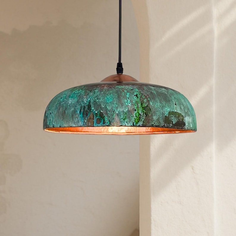 Green Patina Copper Saucer Pendant Light, Handmade Moroccan Verdigris Copper Dome Chandelier, Rustic Kitchen Island Hanging Lamp, Boho Farmhouse Ceiling Light Fixture