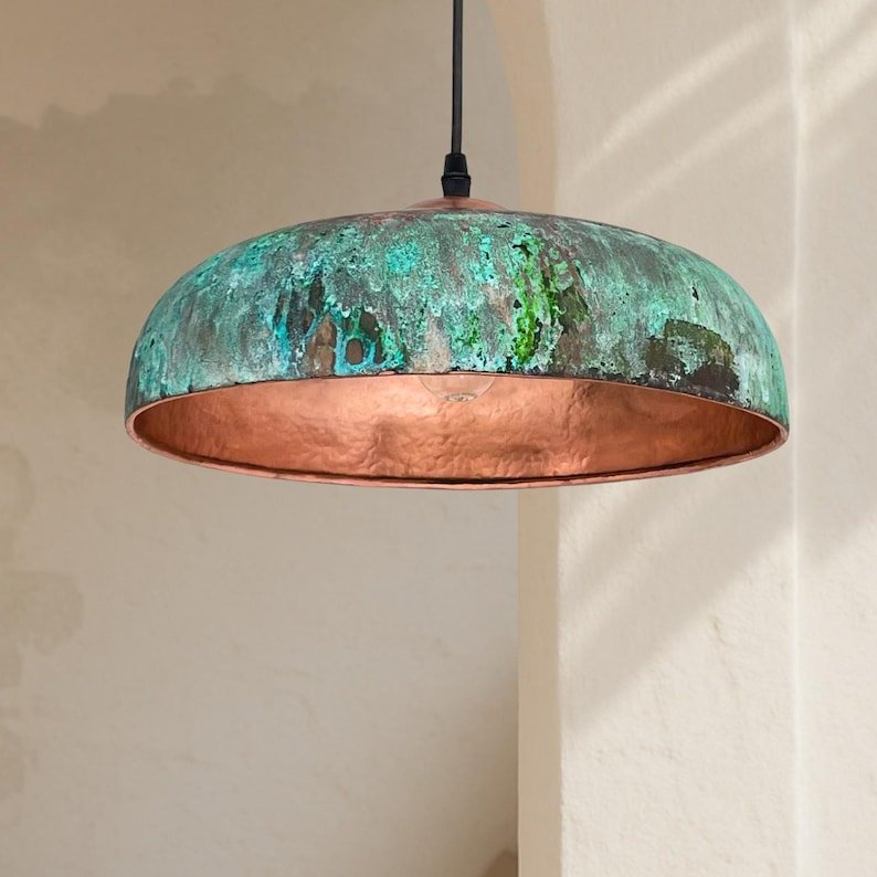 Green Patina Copper Saucer Pendant Light, Handmade Moroccan Verdigris Copper Dome Chandelier, Rustic Kitchen Island Hanging Lamp, Boho Farmhouse Ceiling Light Fixture