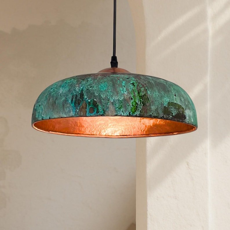 Green Patina Copper Saucer Pendant Light, Handmade Moroccan Verdigris Copper Dome Chandelier, Rustic Kitchen Island Hanging Lamp, Boho Farmhouse Ceiling Light Fixture