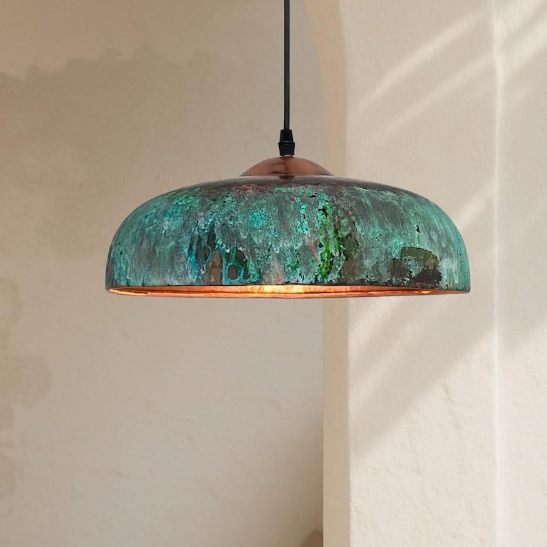 Green Patina Copper Saucer Pendant Light, Handmade Moroccan Verdigris Copper Dome Chandelier, Rustic Kitchen Island Hanging Lamp, Boho Farmhouse Ceiling Light Fixture