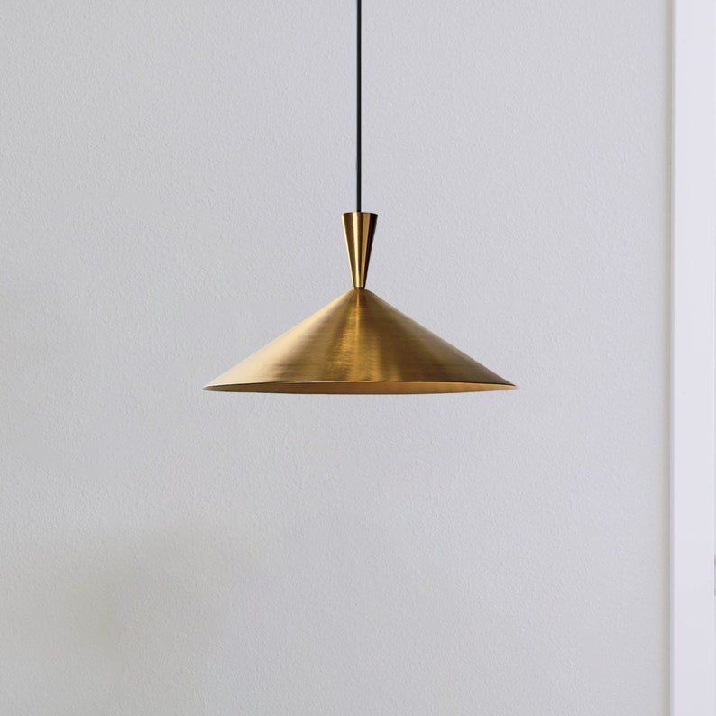 Modern Brass Cone Pendant Light, Handmade Moroccan Gold Brass Saucer Chandelier, Minimalist Kitchen Island Hanging Lamp, Mid Century Boho Ceiling Light Fixture