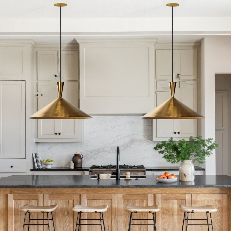 Modern Brass Cone Pendant Light, Handmade Moroccan Gold Brass Saucer Chandelier, Minimalist Kitchen Island Hanging Lamp, Mid Century Boho Ceiling Light Fixture