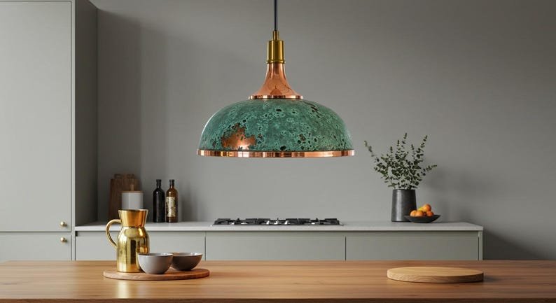 Green Patina Copper Pendant Light, Handmade Moroccan Copper Dome Chandelier, Rustic Verdigris Kitchen Island Light, Copper Hanging Lamp for Dining Room and Farmhouse Kitchen