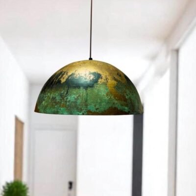Green Gold Patina Copper Dome Pendant Light, Handmade Moroccan Verdigris Kitchen Island Chandelier, Rustic Boho Farmhouse Hanging Ceiling Light Fixture
