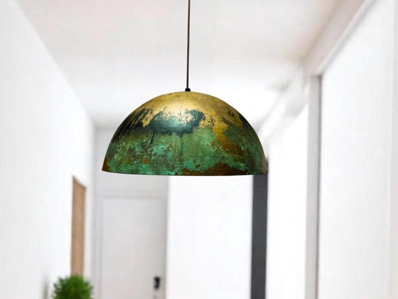 Green Gold Patina Copper Dome Pendant Light, Handmade Moroccan Verdigris Kitchen Island Chandelier, Rustic Boho Farmhouse Hanging Ceiling Light Fixture