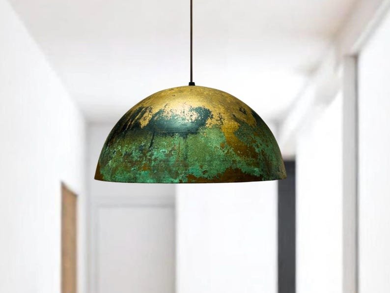 Green Gold Patina Copper Dome Pendant Light, Handmade Moroccan Verdigris Kitchen Island Chandelier, Rustic Boho Farmhouse Hanging Ceiling Light Fixture