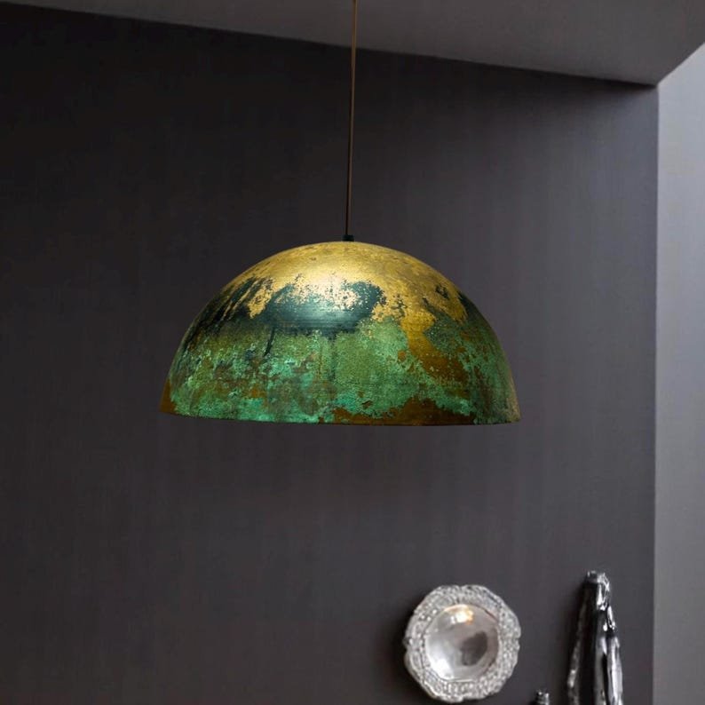 Green Gold Patina Copper Dome Pendant Light, Handmade Moroccan Verdigris Kitchen Island Chandelier, Rustic Boho Farmhouse Hanging Ceiling Light Fixture