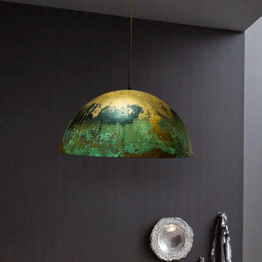 Green Gold Patina Copper Dome Pendant Light, Handmade Moroccan Verdigris Kitchen Island Chandelier, Rustic Boho Farmhouse Hanging Ceiling Light Fixture