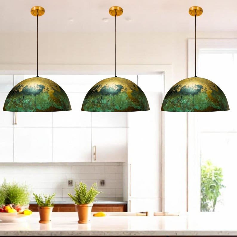Green Gold Patina Copper Dome Pendant Light, Handmade Moroccan Verdigris Kitchen Island Chandelier, Rustic Boho Farmhouse Hanging Ceiling Light Fixture