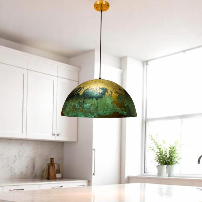 Green Gold Patina Copper Dome Pendant Light, Handmade Moroccan Verdigris Kitchen Island Chandelier, Rustic Boho Farmhouse Hanging Ceiling Light Fixture