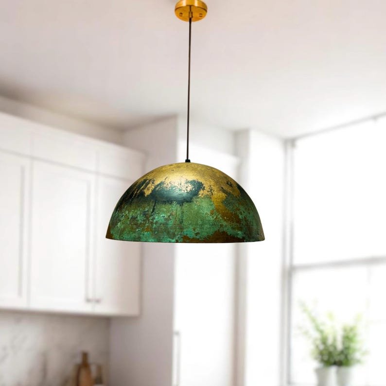Green Gold Patina Copper Dome Pendant Light, Handmade Moroccan Verdigris Kitchen Island Chandelier, Rustic Boho Farmhouse Hanging Ceiling Light Fixture